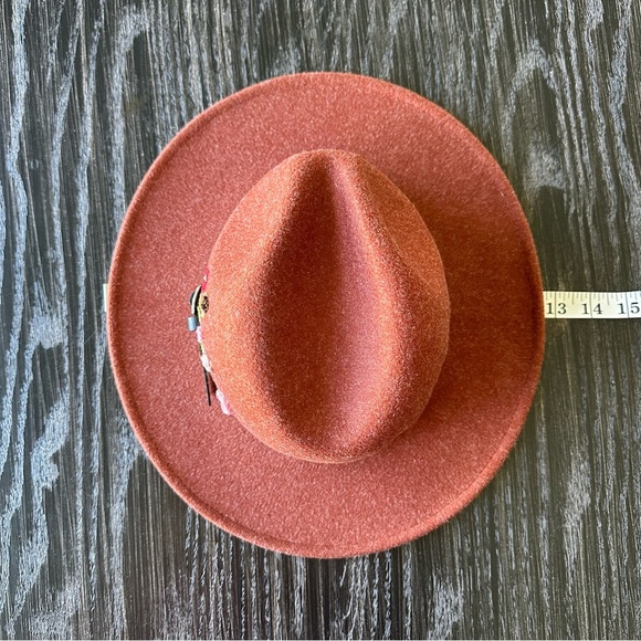 Hand-Embroidered Wool-Blend Adjustable Floral Burnt Orange Fedora Wide Brim Hat - Picture 6 of 11
